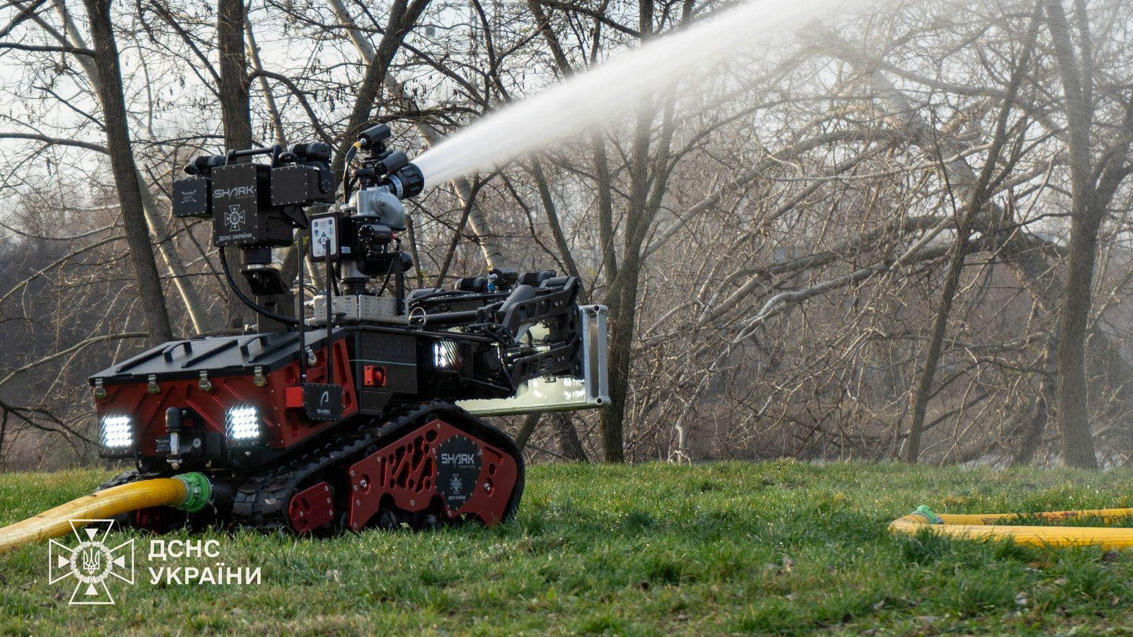 Shark Robotics - In Ukraine, Shark Robotics, Ukrainian firefighters (SESU) and French authorities celebrate the deployment of 40 Colossus robots  to strengthen the country’s resilience against drone attacks