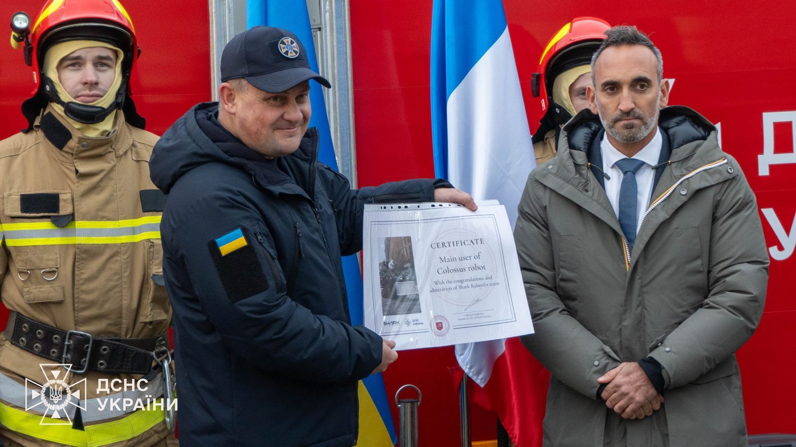Shark Robotics - In Ukraine, Shark Robotics, Ukrainian firefighters (SESU) and French authorities celebrate the deployment of 40 Colossus robots  to strengthen the country’s resilience against drone attacks