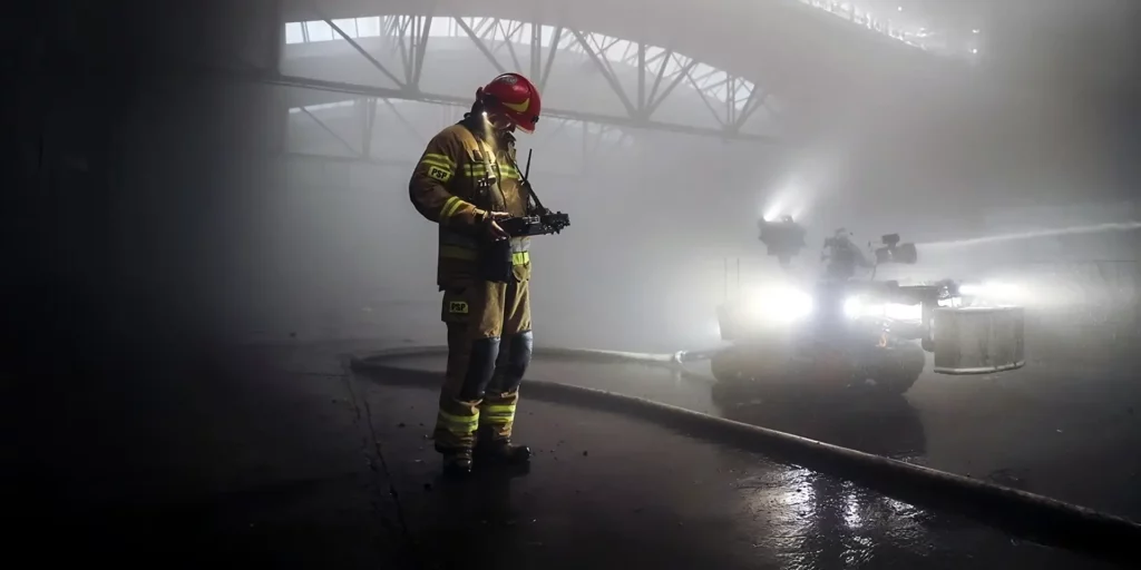 The Colossus fire-fighting robot is deployed alongside a firefighter in a smoke-filled industrial facility.