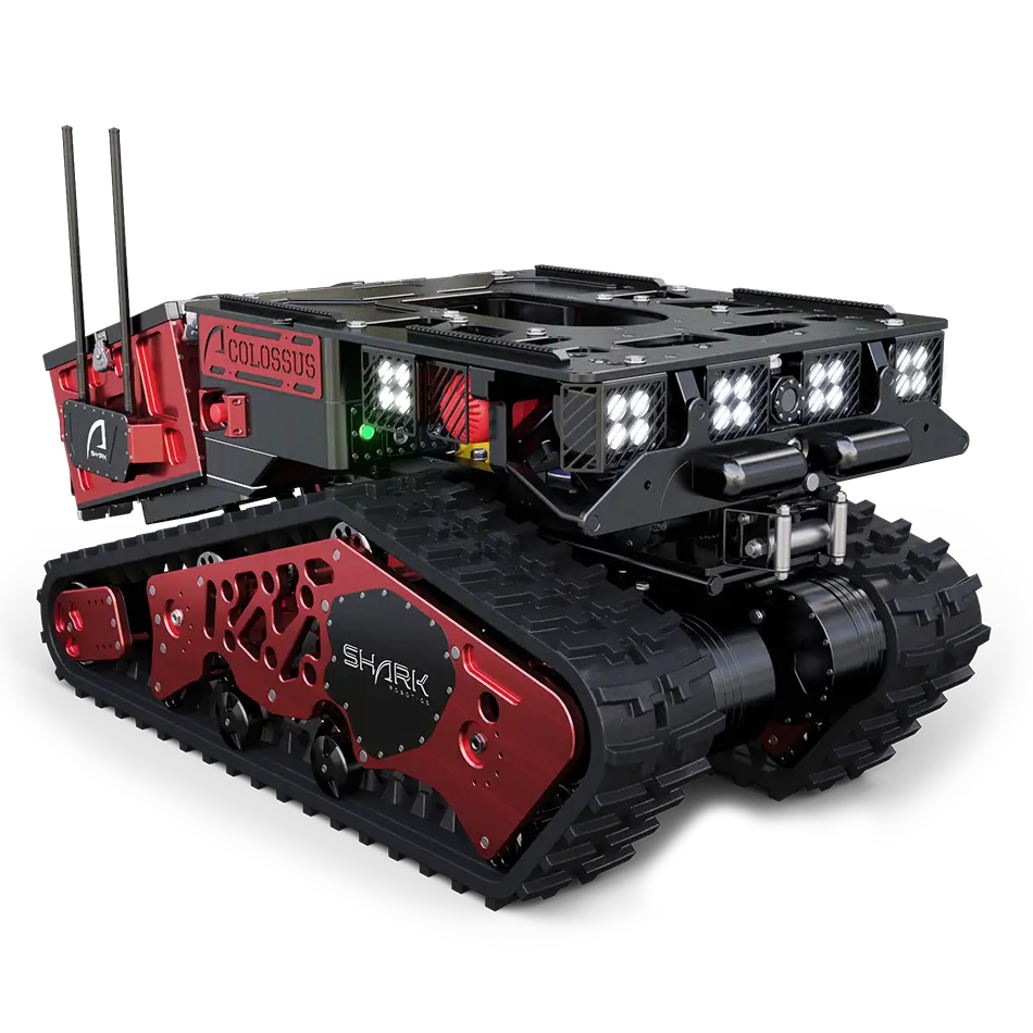 Colossus firefighting robot base configuration with tracks and LED lights