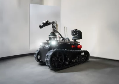 Rhyno Protect firefighting robot with headlights on