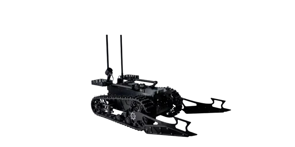 Atrax base module showing the compact tracked chassis with integrated sensor compartment for EOD and C-IED missions
