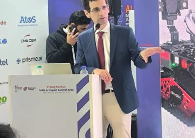 Bruno Cruchant presenting Shark Robotics at AI Expo during AI Impact Summit in India